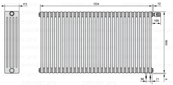 Схема (чертеж) Радиатор Zehnder Charleston 5180/29 №V002 Белый глянцевый RAL 9016
